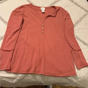 BiBi Waffle-Knit Henley Top in Terracotta